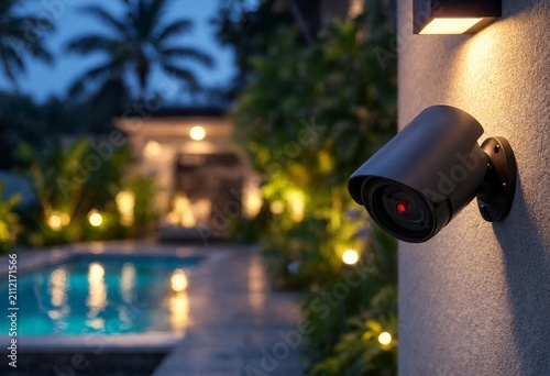 Modern CCTV security camera overlooking luxury residential poolside at dusk, showcasing smart home surveillance, outdoor protection, contemporary architecture, safety, monitoring, and peaceful living.