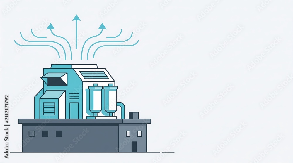 Obraz premium Industrial ventilation system on modern factory roof releasing clean airflow emissions for sustainable plant - flat vector design