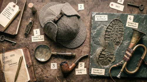 Flat lay of vintage detective investigation evidence with bootprint cast and deerstalker hat