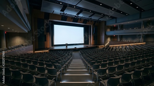 Large empty auditorium with rows of seats and a blank projection screen.