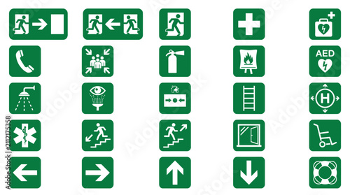 A collection of twenty-five minimalist green emergency and safety sign vector icons.