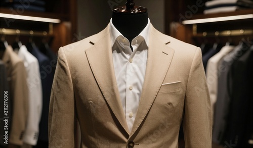 Elegant Tan Suit Jacket Displayed on Mannequin in Upscale Boutique