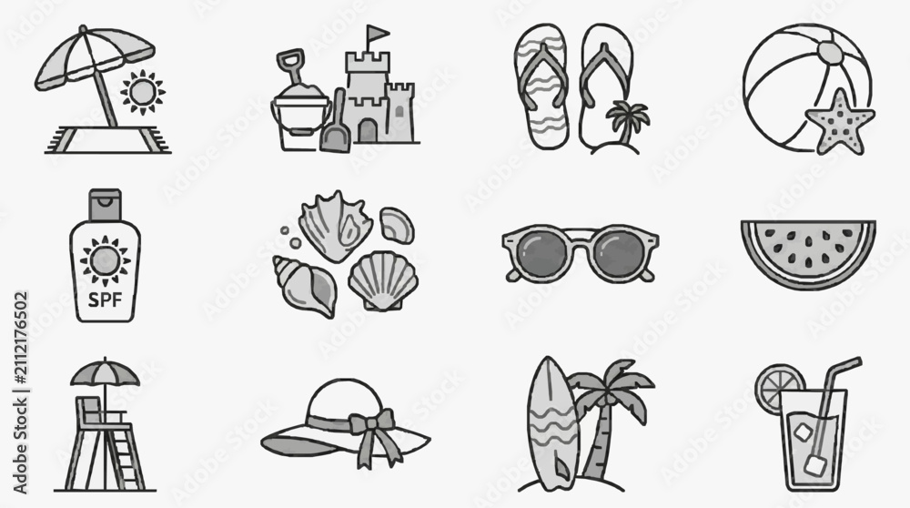 Obraz premium Dynamic Set of Monochromatic Line Drawn Beach and Summer Themed Icons with Sun Sandcastle Flip Flops and More