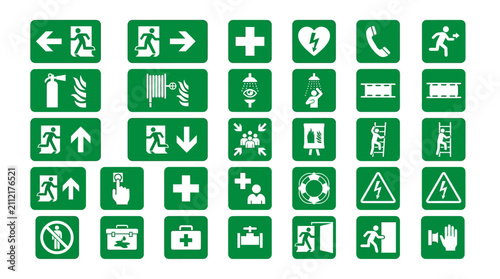 A collection of twenty-five minimalist green emergency and safety.