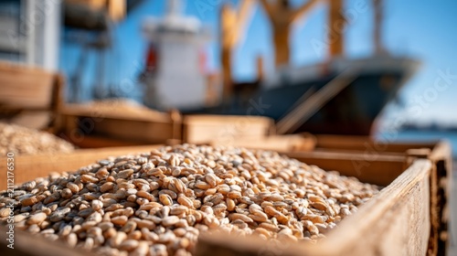 Wheat grains placed in wooden boxes with ships in the background at a port during daytime