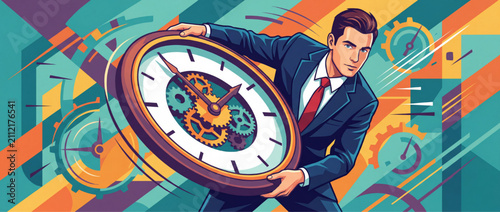Businessman Holding Giant Clock with Gears for Time Management and Productivity