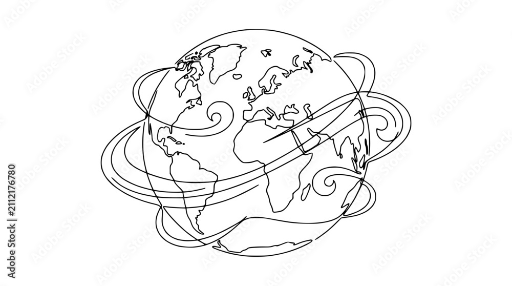 Obraz premium Continuous line drawing of planet earth globe with swirl atmosphere lines
