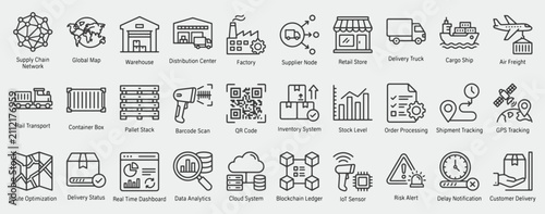 Supply Chain Visibility Line Icons Set for Logistics Tracking and Inventory Monitoring Outline Collection. Including Supply Chain Network, Global Map, Warehouse, Distribution Center, Factory, etc,