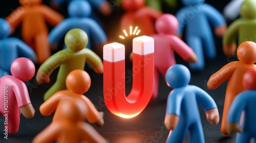 Magnet attracts colorful figures in a creative setting