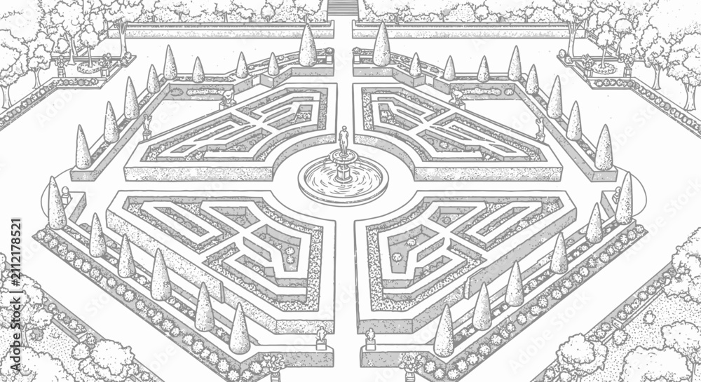 Obraz premium Aerial view of formal garden maze with central fountain landscape.