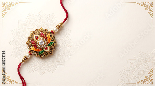 Traditional golden rakhi with lotus motif on beige background.
