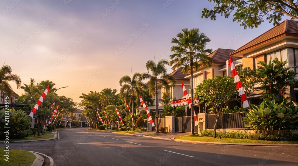 Naklejka premium Indonesian independence day red and white flags decorate a quiet luxury suburban neighborhood street during golden hour morning
