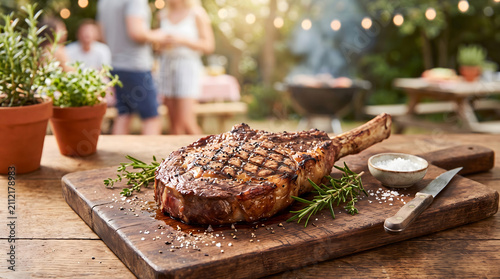 Barbecue Steak, Tomahawk Grill, Delicious and juicy T-bone or tomahawk steak on a wooden cutting board, barbecue party food Generative AI