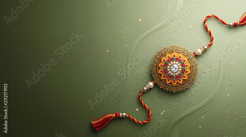 Golden rakhi with red thread on green background for ritual event.