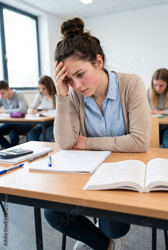 Young woman looking anxious while studying at desk in classroom  