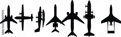 Cuadro en lienzo Vector airplane silhouettes set featuring commercial passenger jets and propelle