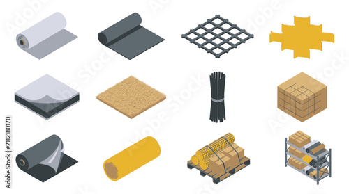 Collection of isometric construction materials and supplies for building and renovation projects.
