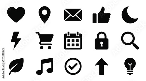 Collection of Black Icons Representing Various Concepts.