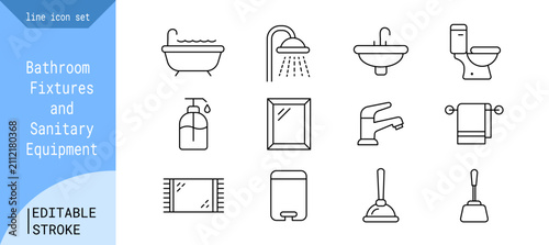 Bathroom Fixtures and Sanitary Equipment Editable Stroke Line Icons Set