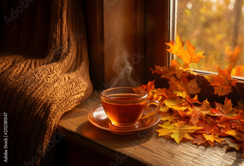 Steaming cup of hot tea on ...