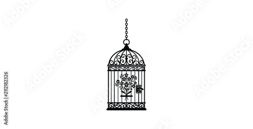 Ornate Birdcage with Flowers Vector Illustration