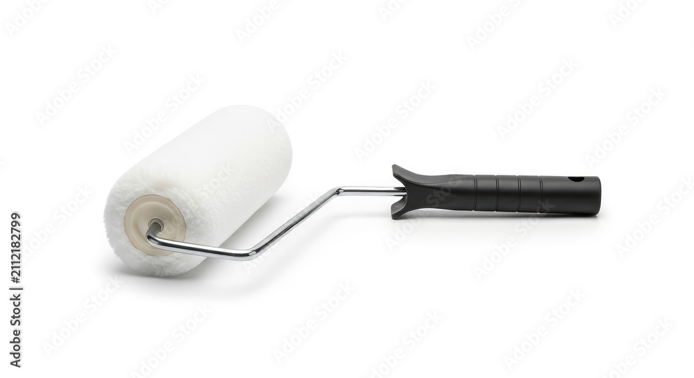 Obraz premium New paint roller with black handle isolated on white background, home renovation tool