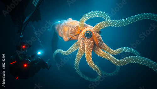 Giant Bioluminescent Squid Encountered by Submersible in Deep Ocean Exploration