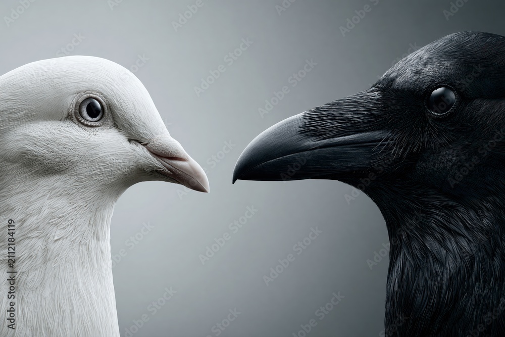 Obraz premium Contrasting white dove and black raven faces in close-up