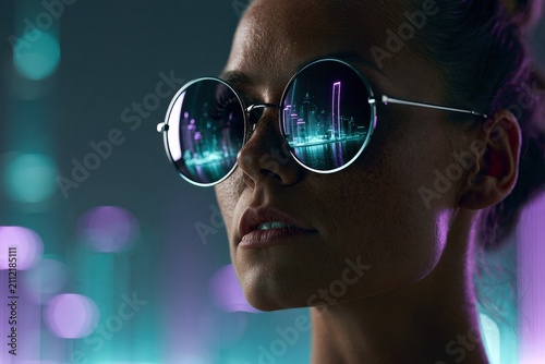 Woman with futuristic sunglasses reflecting a neon city skyline