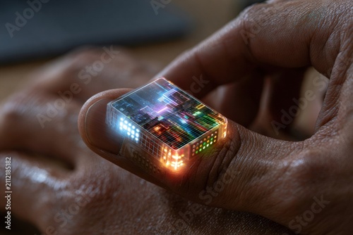 Close-up of a holographic chip projection on a human thumb
