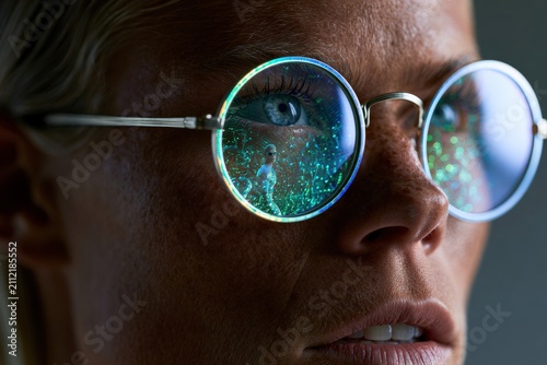 Close-up of a woman wearing round glasses with holographic reflections