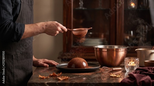 Chef dusting cocoa powder over a chocolate dome dessert in a warm kitchen setting