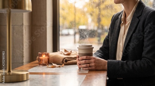 Business professional holding steaming coffee cup beside window during calm autumn afternoon break