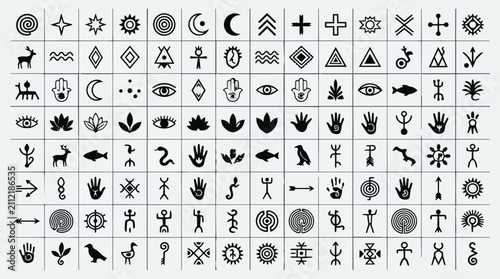 Quadro su tela A comprehensive collection of ancient petroglyphs and tribal symbols arranged in