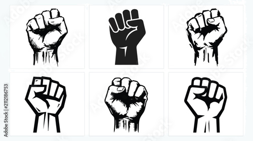 Set of black and white hand drawn illustrations of raised fists representing protest and social activism