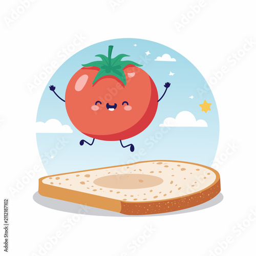 A happy cartoon tomato character jumping joyfully above a single slice of bread on a light blue sky background.