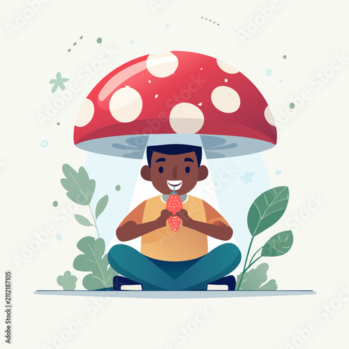 A happy young boy sitting under a large red spotted mushroom and eating a fresh strawberry in a flat vector illustration style.