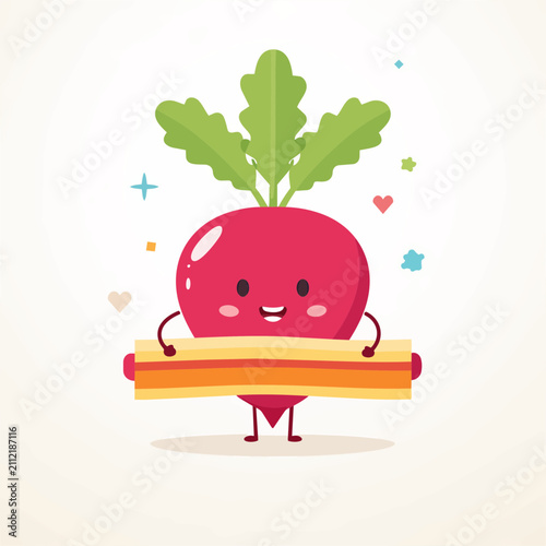 Cute cartoon beet character holding a blank yellow sign against a soft pastel background for kids or food design