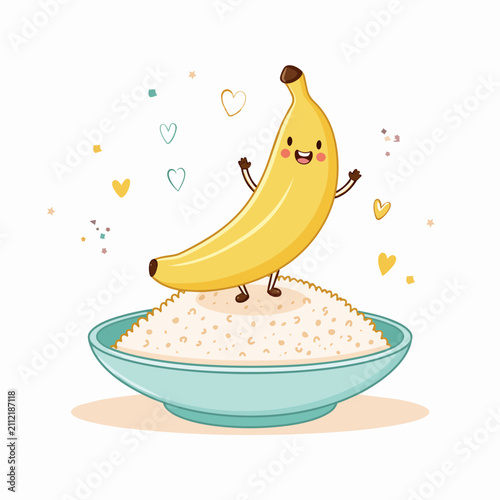 Cute cartoon banana character standing happily on a bowl of oatmeal or rice on a white background