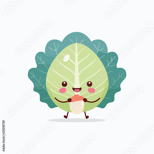 Cute cartoon cabbage character holding a small mushroom in a friendly vector illustration