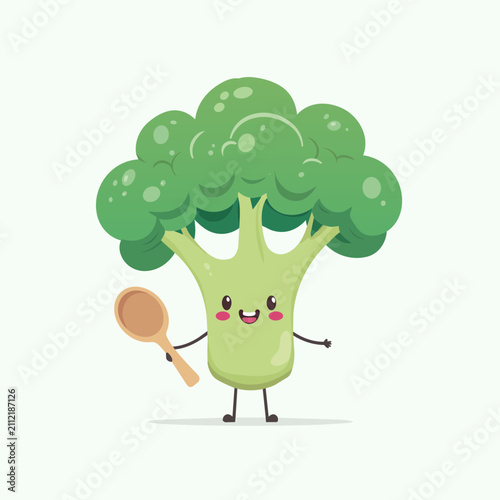 Cute cartoon broccoli mascot character holding a wooden cooking spoon for healthy eating concepts