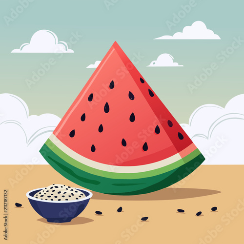 A vibrant triangular slice of fresh watermelon resting next to a small bowl filled with black watermelon seeds on a sunny desert background