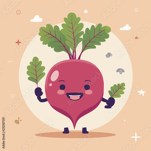 Cute cartoon beet character with a friendly smiling face holding small green leaves in a flat vector illustration style