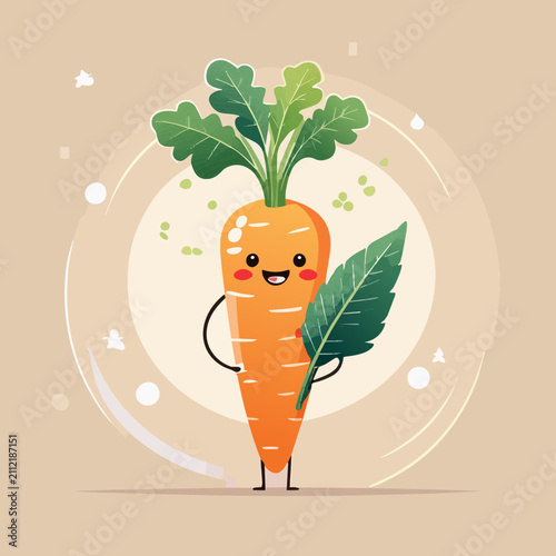 Cute cartoon carrot character with a smiling face holding a green leaf on a light beige background