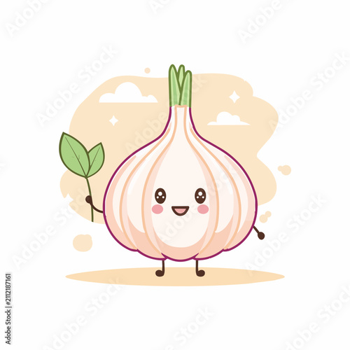Cute cartoon garlic character with a friendly smiling face holding a green leaf in a flat vector illustration