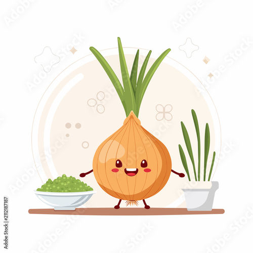 Cute cartoon onion character standing on a table with a bowl of peas and a small potted plant in a flat vector illustration style