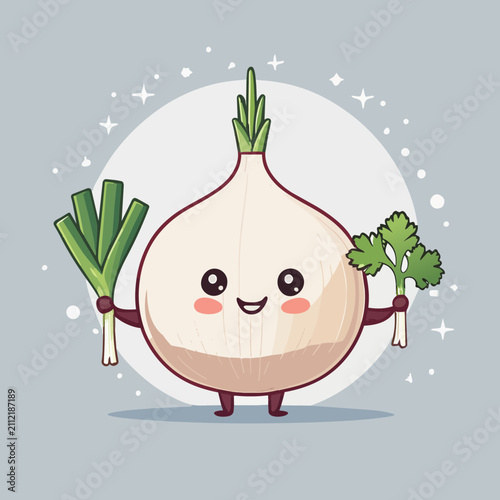 Cute cartoon onion character with a friendly smile holding fresh scallions and cilantro on a light gray background