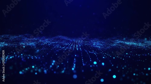 Abstract digital landscape of glowing blue particles flowing and shimmering in a dark futuristic cyberspace, symbolizing data, connectivity, and artificial intelligence