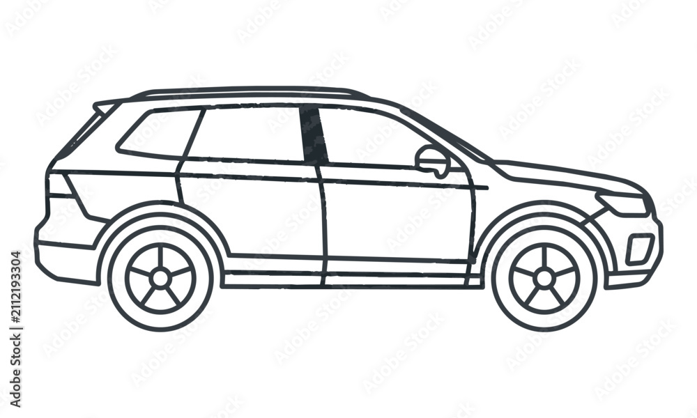 Fototapeta premium Minimalist line art icon of a modern suv seen from the side profile with clean geometric contours and monoline style isolated on white. Automotive transportation concept