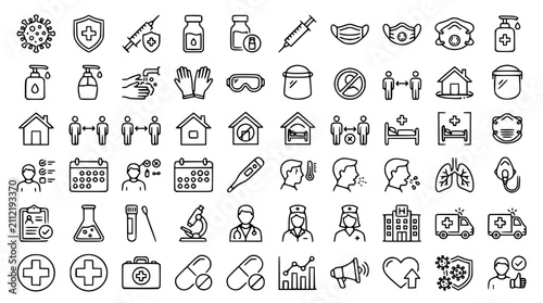 Premium Coronavirus Protection Medical Safety and Public Health Line Icons Set Editable Stroke Vector